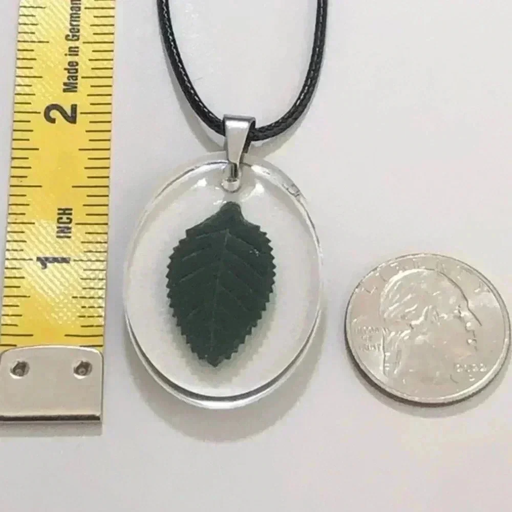 Dark Green Leaf Resin Oval Black Waxed Cord Necklace Handmade New NWT